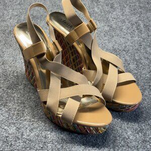 Charles David Wedge Sandals Womens 9.5 Beige Strappy Multicolor Woven Heel